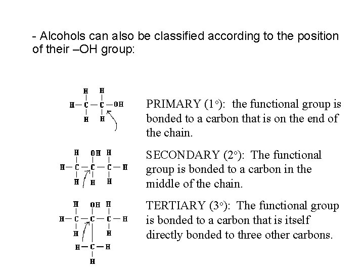 - Alcohols can also be classified according to the position of their –OH group: