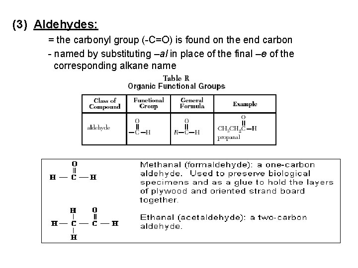 (3) Aldehydes: = the carbonyl group (-C=O) is found on the end carbon -