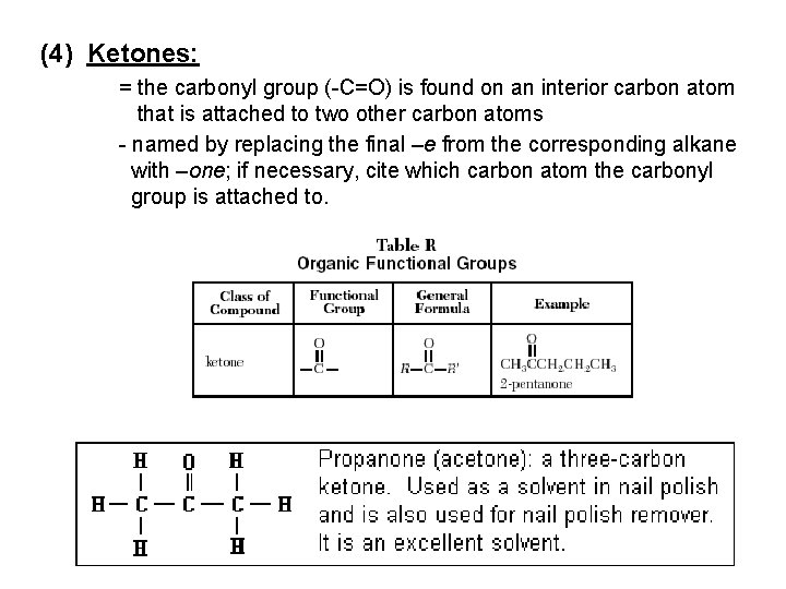 (4) Ketones: = the carbonyl group (-C=O) is found on an interior carbon atom