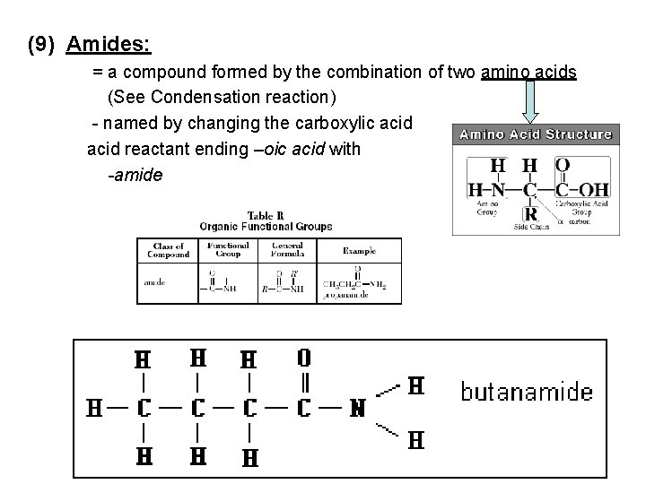 (9) Amides: = a compound formed by the combination of two amino acids (See