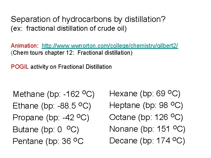 Separation of hydrocarbons by distillation? (ex: fractional distillation of crude oil) Animation: http: //www.