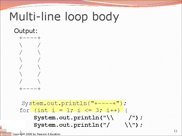 Multi-line loop body Output: +----+  / /  +----+ System. out. println("+----+"); for