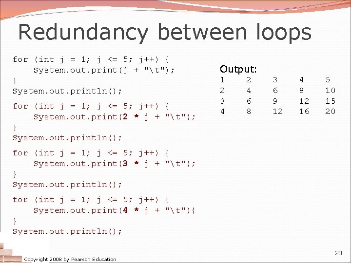 Redundancy between loops for (int j = 1; j <= 5; j++) { System.
