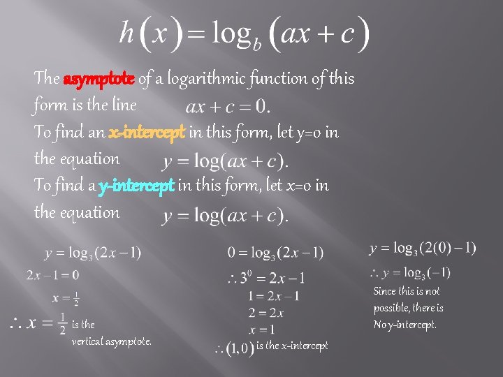 The asymptote of a logarithmic function of this form is the line To find The asymptote of a logarithmic function of this form is the line To find