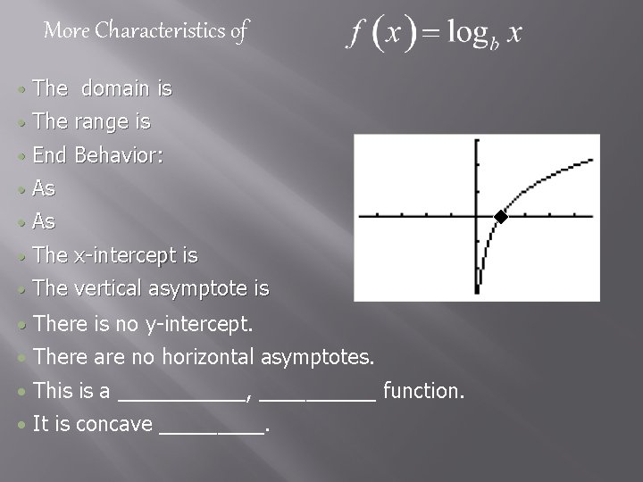 More Characteristics of • The domain is • The range is • End Behavior: More Characteristics of • The domain is • The range is • End Behavior:
