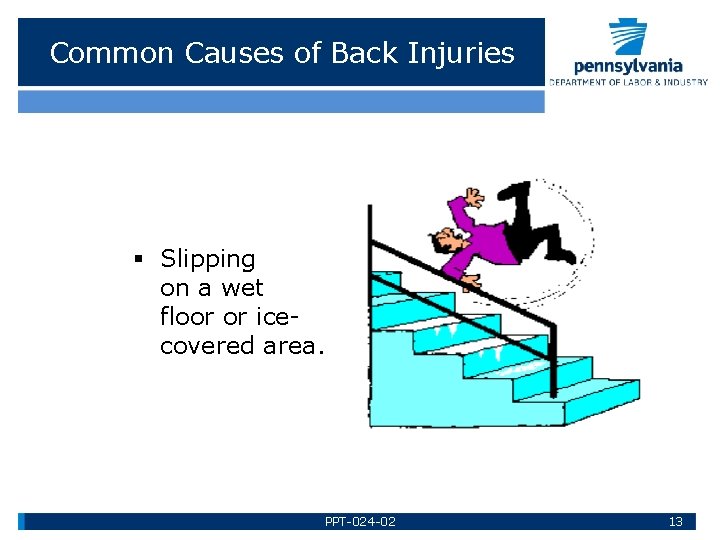 Common Causes of Back Injuries § Slipping on a wet floor or icecovered area.