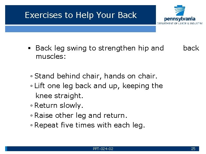 Exercises to Help Your Back § Back leg swing to strengthen hip and muscles: