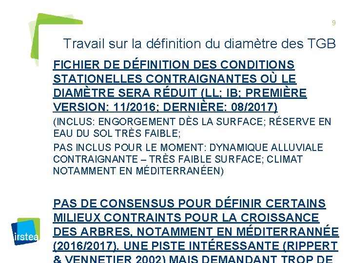 9 Travail sur la définition du diamètre des TGB FICHIER DE DÉFINITION DES CONDITIONS