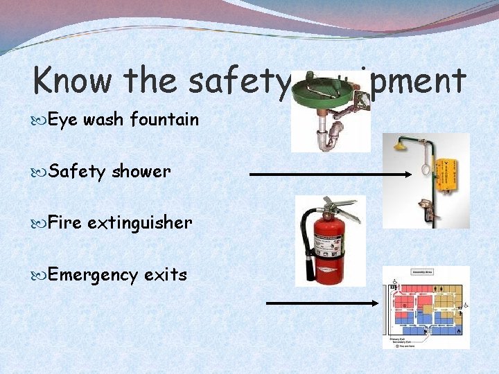 Know the safety equipment Eye wash fountain Safety shower Fire extinguisher Emergency exits 