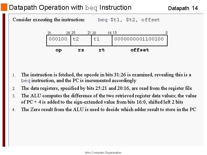 Datapath Operation with beq Instruction Consider executing the instruction: 26 25 31 000100 op