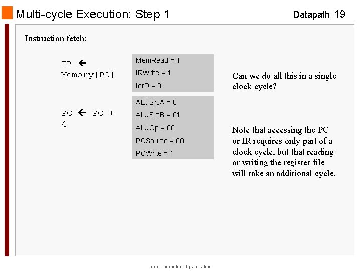 Multi-cycle Execution: Step 1 Datapath 19 Instruction fetch: IR Memory[PC] Mem. Read = 1