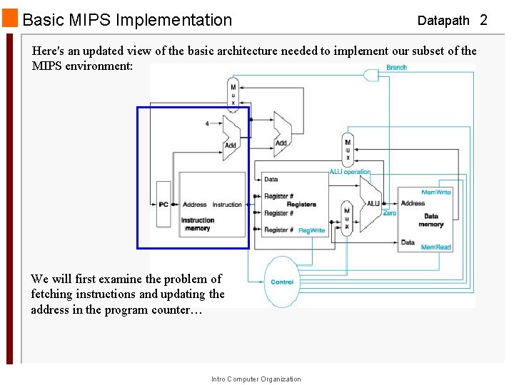 Basic MIPS Implementation Datapath 2 Here's an updated view of the basic architecture needed