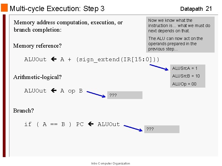 Multi-cycle Execution: Step 3 Datapath 21 Memory address computation, execution, or branch completion: Now