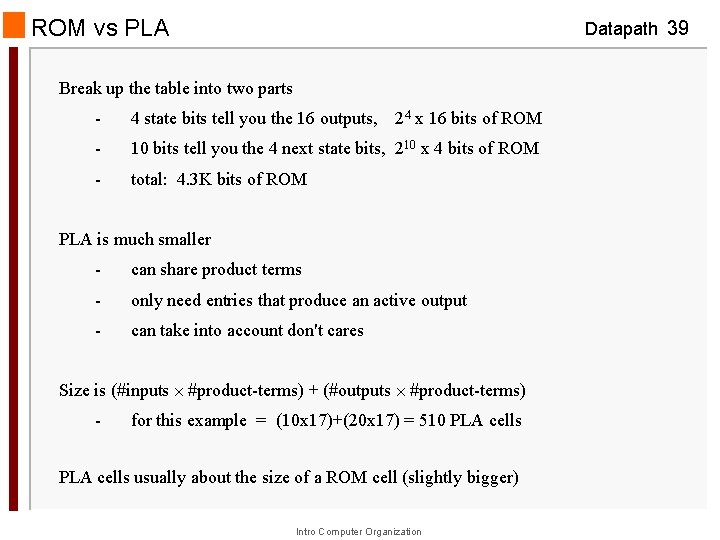 ROM vs PLA Datapath 39 Break up the table into two parts - 4