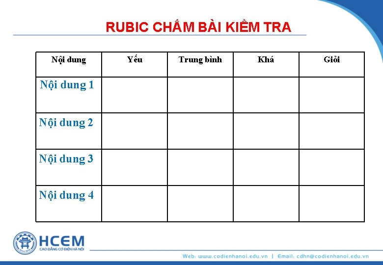 RUBIC CHẤM BÀI KIỂM TRA Nội dung 1 Nội dung 2 Nội dung 3