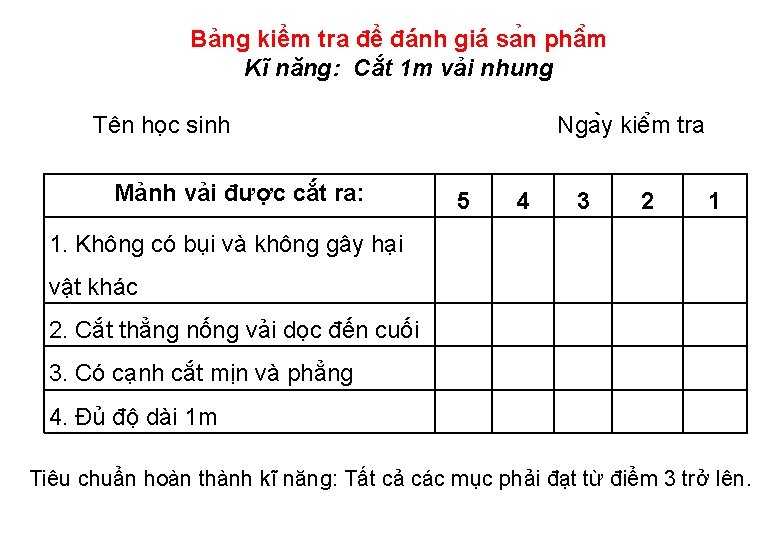 Bảng kiểm tra để đánh giá sa n phâ m Kĩ năng: Cắt 1