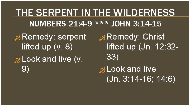 THE SERPENT IN THE WILDERNESS NUMBERS 21: 4 -9 *** JOHN 3: 14 -15