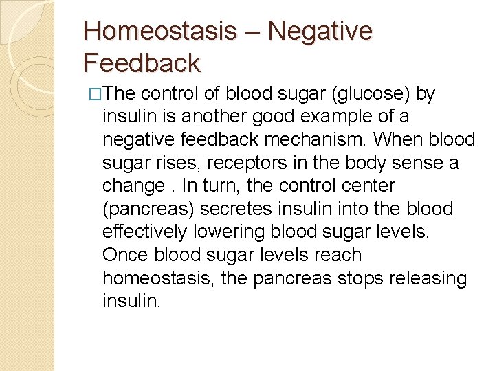 Homeostasis – Negative Feedback �The control of blood sugar (glucose) by insulin is another