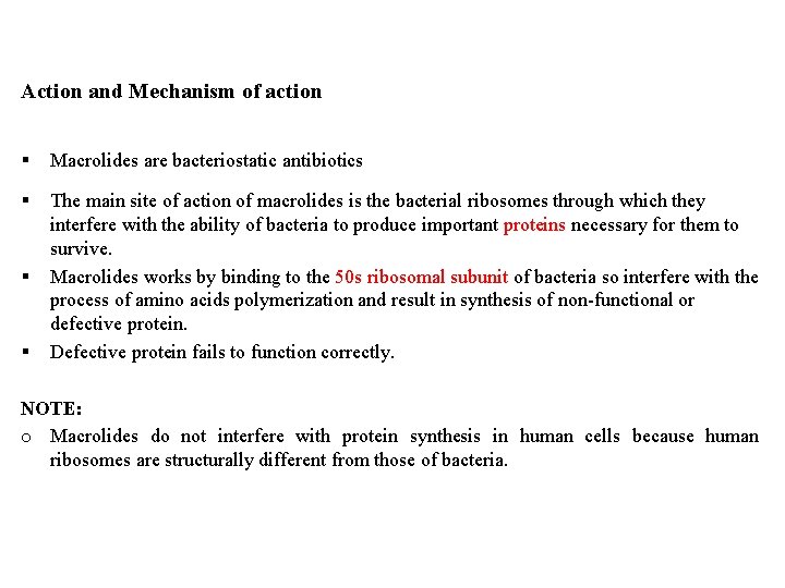Action and Mechanism of action § Macrolides are bacteriostatic antibiotics § The main site