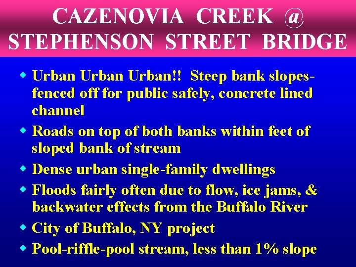 CAZENOVIA CREEK @ STEPHENSON STREET BRIDGE w Urban!! Steep bank slopesfenced off for public