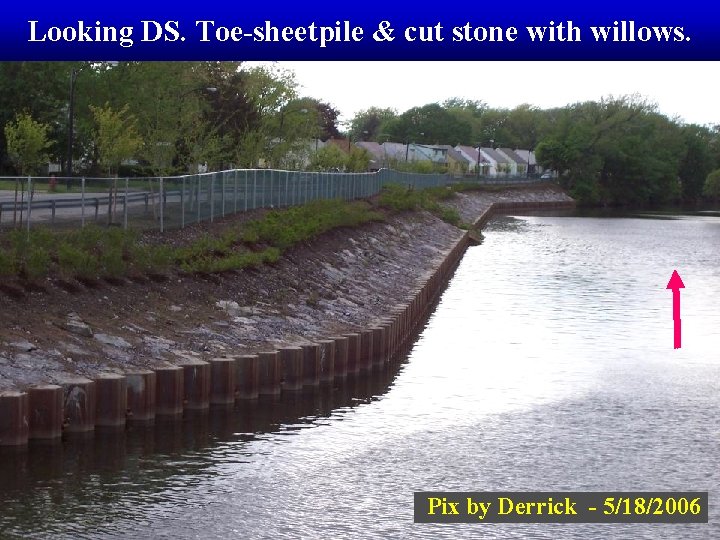 Looking DS. Toe-sheetpile & cut stone with willows. Pix by Derrick - 5/18/2006 