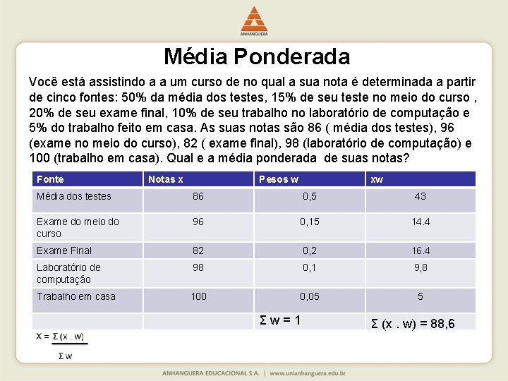 Média Ponderada Você está assistindo a a um curso de no qual a sua