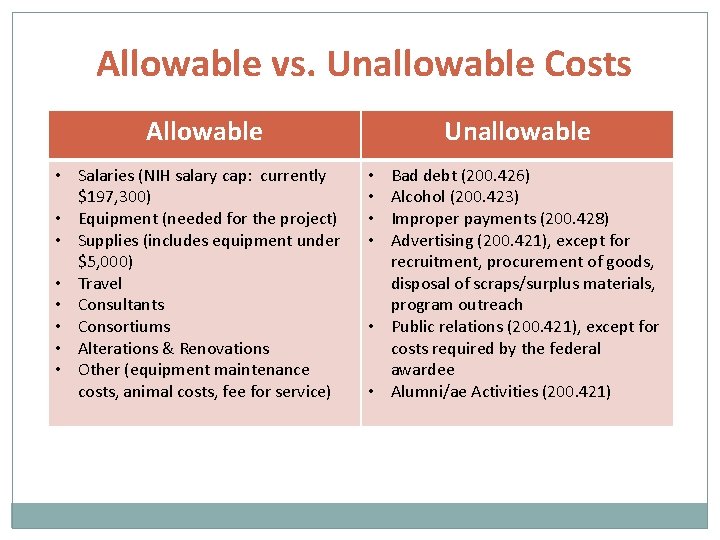Allowable vs. Unallowable Costs Allowable • Salaries (NIH salary cap: currently $197, 300) •