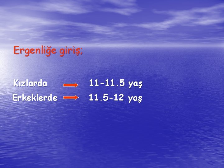 Ergenliğe giriş; Kızlarda 11 -11. 5 yaş Erkeklerde 11. 5 -12 yaş 