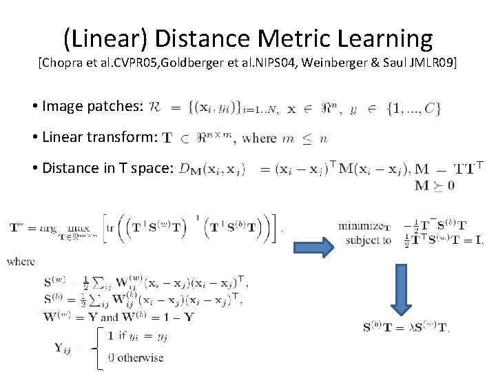 (Linear) Distance Metric Learning [Chopra et al. CVPR 05, Goldberger et al. NIPS 04,