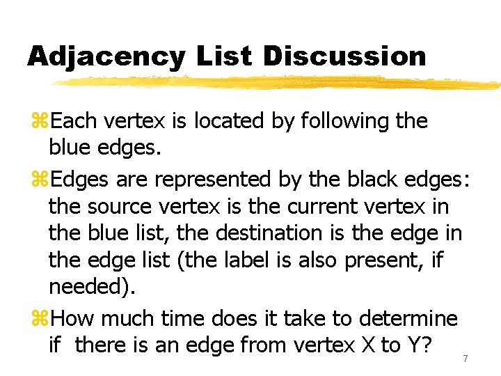 Adjacency List Discussion z. Each vertex is located by following the blue edges. z.