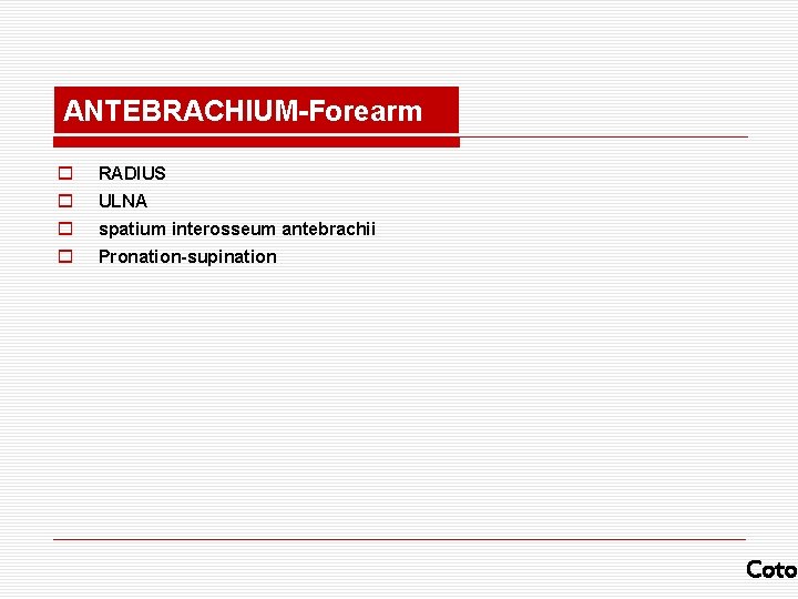 ANTEBRACHIUM-Forearm o RADIUS o ULNA o spatium interosseum antebrachii o Pronation-supination Coto 