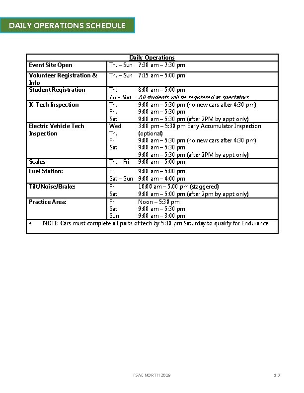 DAILY OPERATIONS SCHEDULE Event Site Open Daily Operations Th. – Sun 7: 30 am