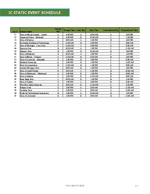 IC STATIC EVENT SCHEDULE Car # 11 12 13 16 17 18 19 20
