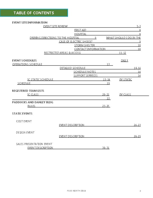 TABLE OF CONTENTS EVENT SITE INFORMATION EVENT SITE REVIEW 5 -7 FIRST AID 8