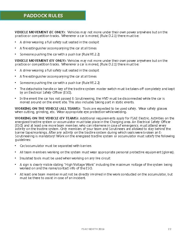 PADDOCK RULES VEHICLE MOVEMENT (IC ONLY): Vehicles may not move under their own power