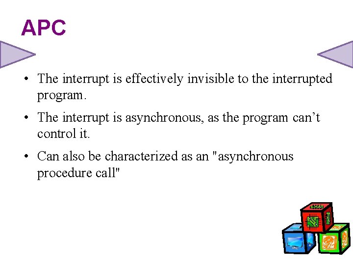 APC • The interrupt is effectively invisible to the interrupted program. • The interrupt