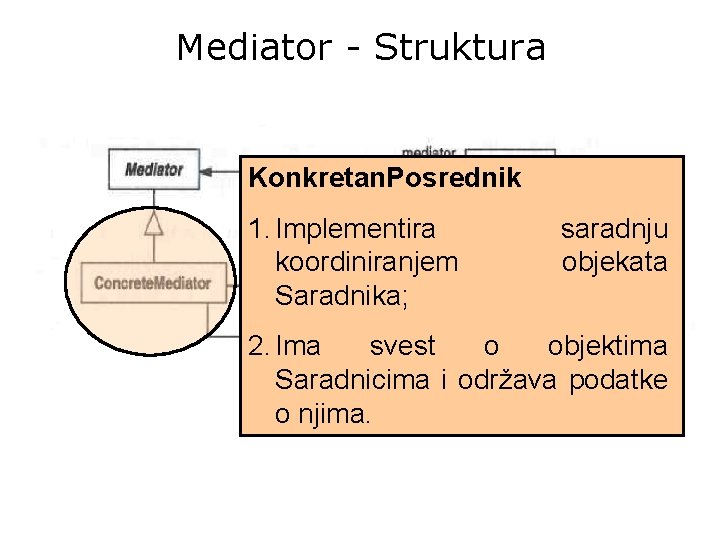 Mediator - Struktura Konkretan. Posrednik 1. Implementira koordiniranjem Saradnika; saradnju objekata 2. Ima svest