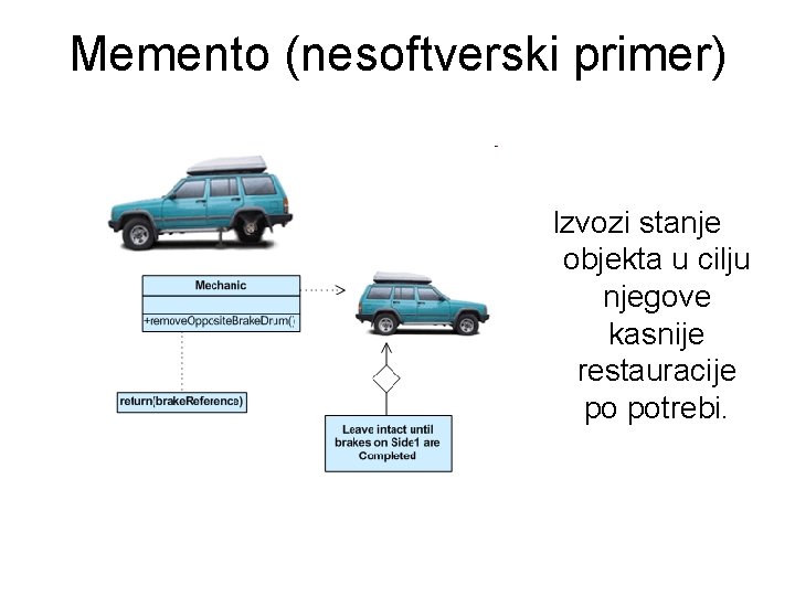 Memento (nesoftverski primer) Izvozi stanje objekta u cilju njegove kasnije restauracije po potrebi. 