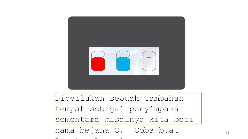 Diperlukan sebuah tambahan tempat sebagai penyimpanan sementara misalnya kita beri nama bejana C. Coba