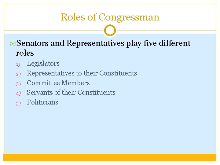 Roles of Congressman Senators and Representatives play five different roles 1) 2) 3) 4)