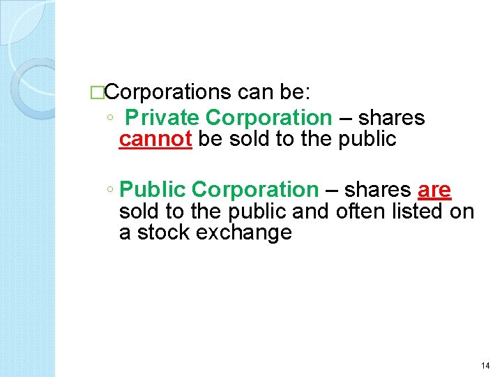 �Corporations can be: ◦ Private Corporation – shares cannot be sold to the public