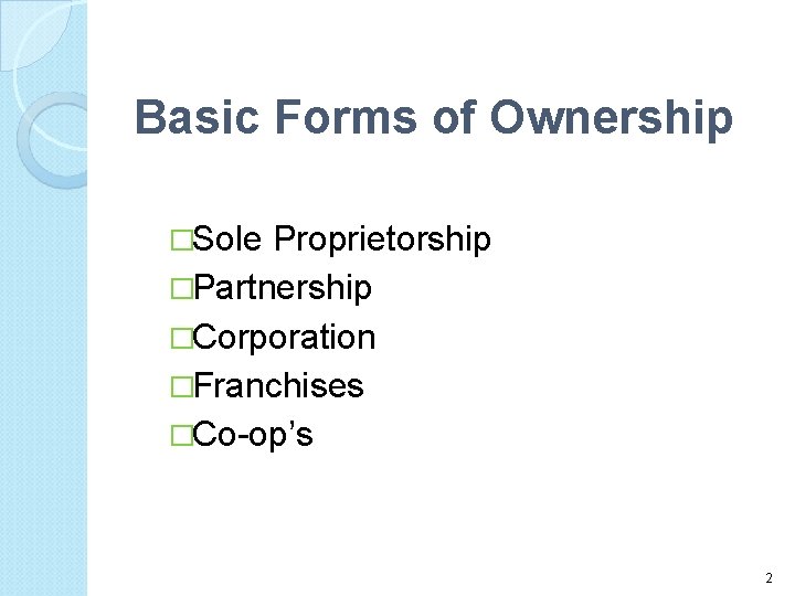 Basic Forms of Ownership �Sole Proprietorship �Partnership �Corporation �Franchises �Co-op’s 2 