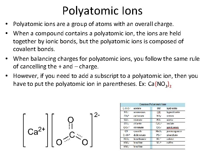 Polyatomic Ions • Polyatomic ions are a group of atoms with an overall charge.