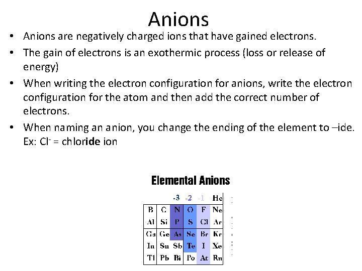 Anions • Anions are negatively charged ions that have gained electrons. • The gain