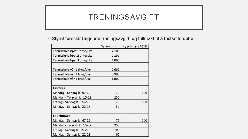 TRENINGSAVGIFT • Styret foreslår følgende treningsavgift, og fullmakt til å fastsette dette 