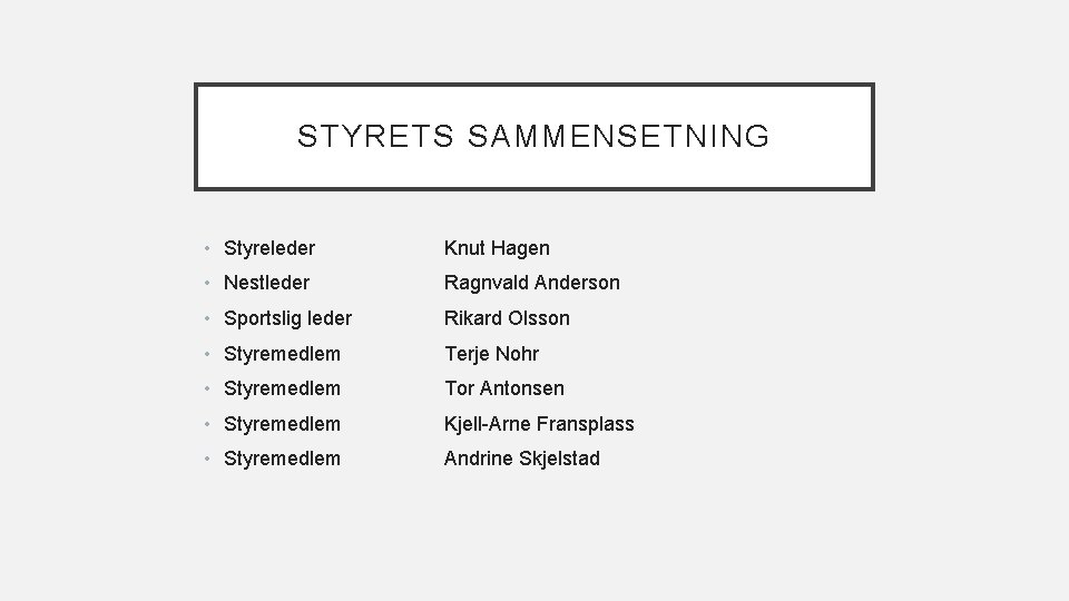 STYRETS SAMMENSETNING • Styreleder Knut Hagen • Nestleder Ragnvald Anderson • Sportslig leder Rikard