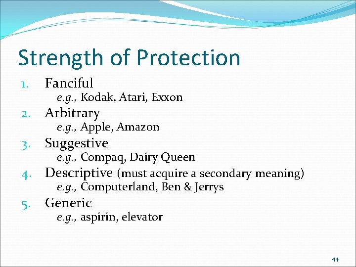 Strength of Protection 1. Fanciful 2. Arbitrary 3. Suggestive e. g. , Kodak, Atari,