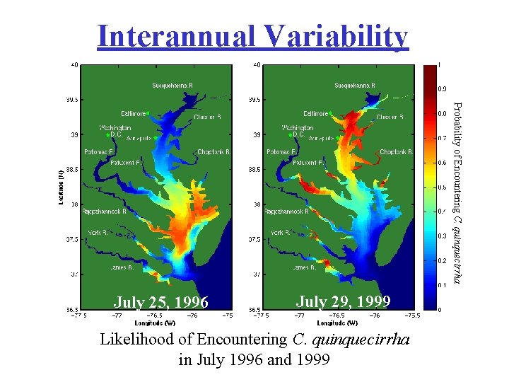 Interannual Variability Probability of Encountering C. quinquecirrha July 25, 1996 July 29, 1999 Likelihood