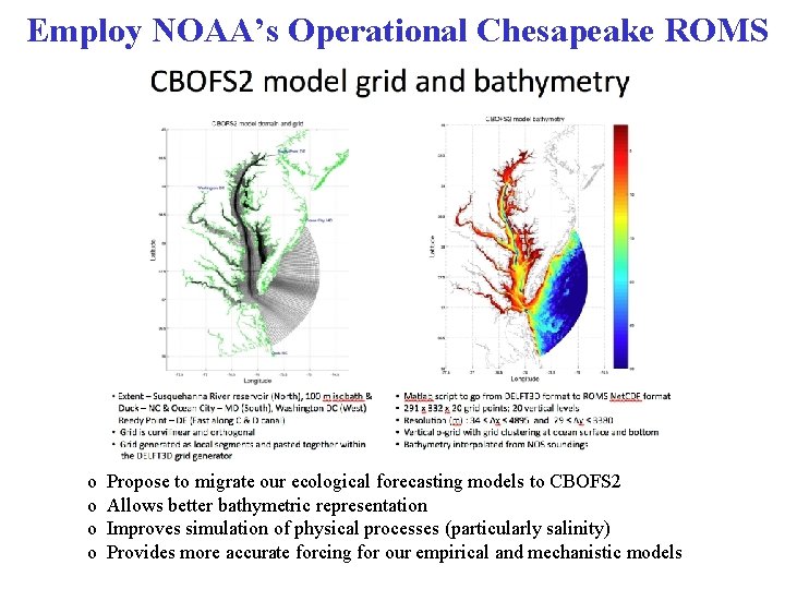 Employ NOAA’s Operational Chesapeake ROMS o o Propose to migrate our ecological forecasting models