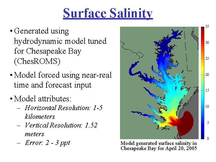 Surface Salinity 35 • Generated using hydrodynamic model tuned for Chesapeake Bay (Ches. ROMS)